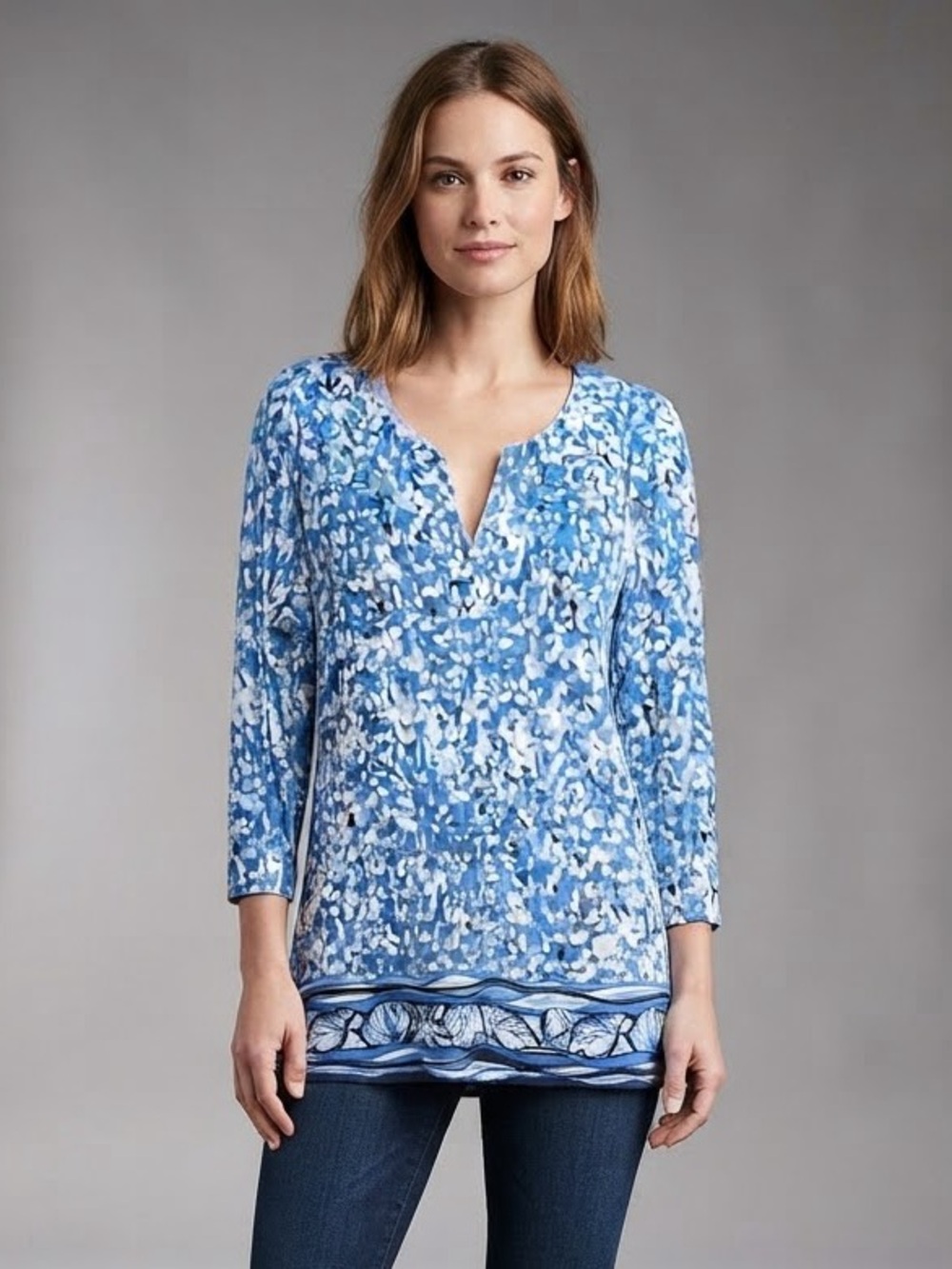 Pappagallo Tunic - Blue Printed Split-Neck Tunic Top